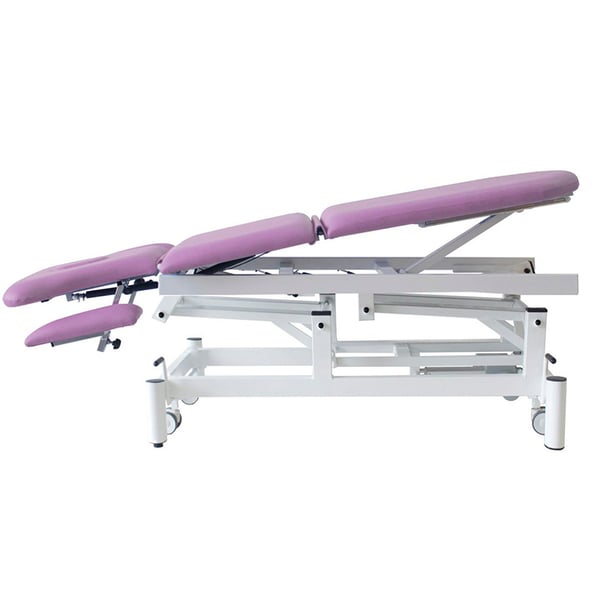 Kinefis Quality multifunctional three-section electric stretcher: with welded steel frame, face hole, retractable wheels and adjustable arms